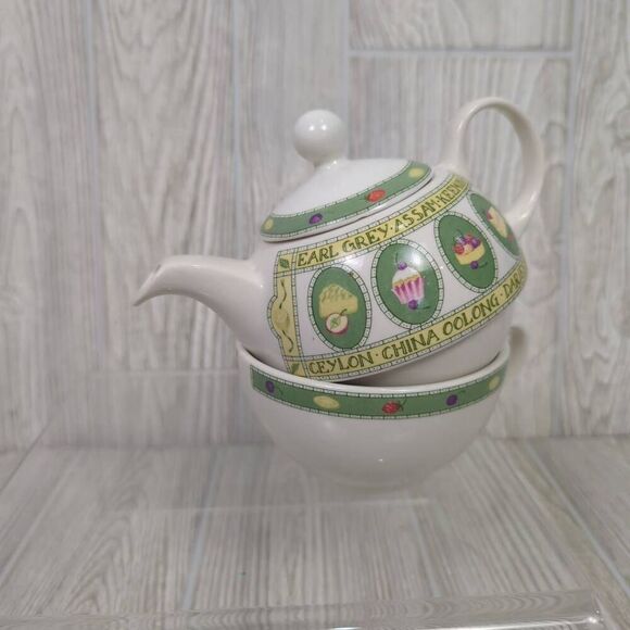 Vintage Arthur Wood Est 1884 Tea for One Set Stacking Teapot & Cup White Green - Picture 6 of 9